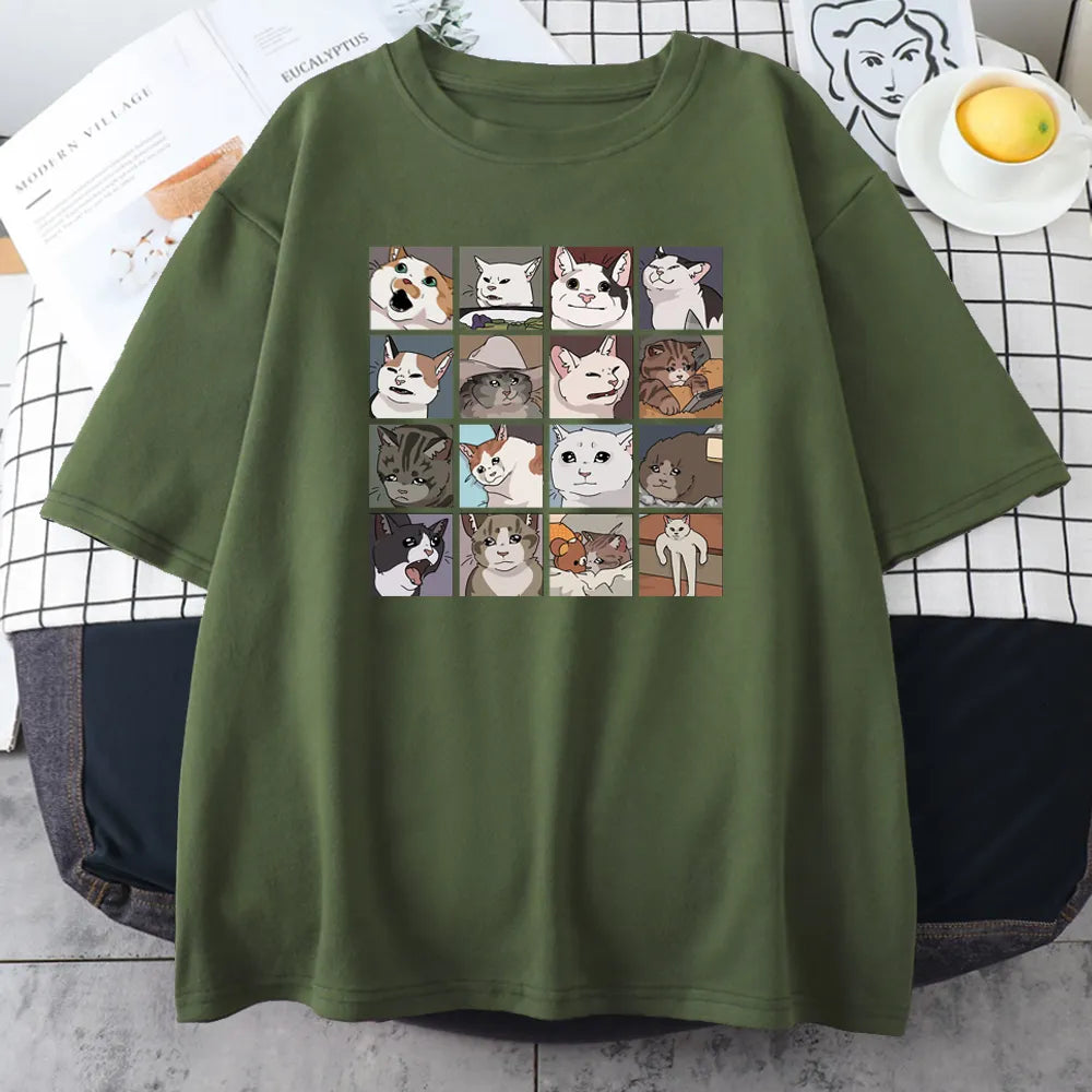 Cats Puzzle Printed T-shirt - Dark Green / M - T-Shirts - Shirts & Tops - 1 - 2024