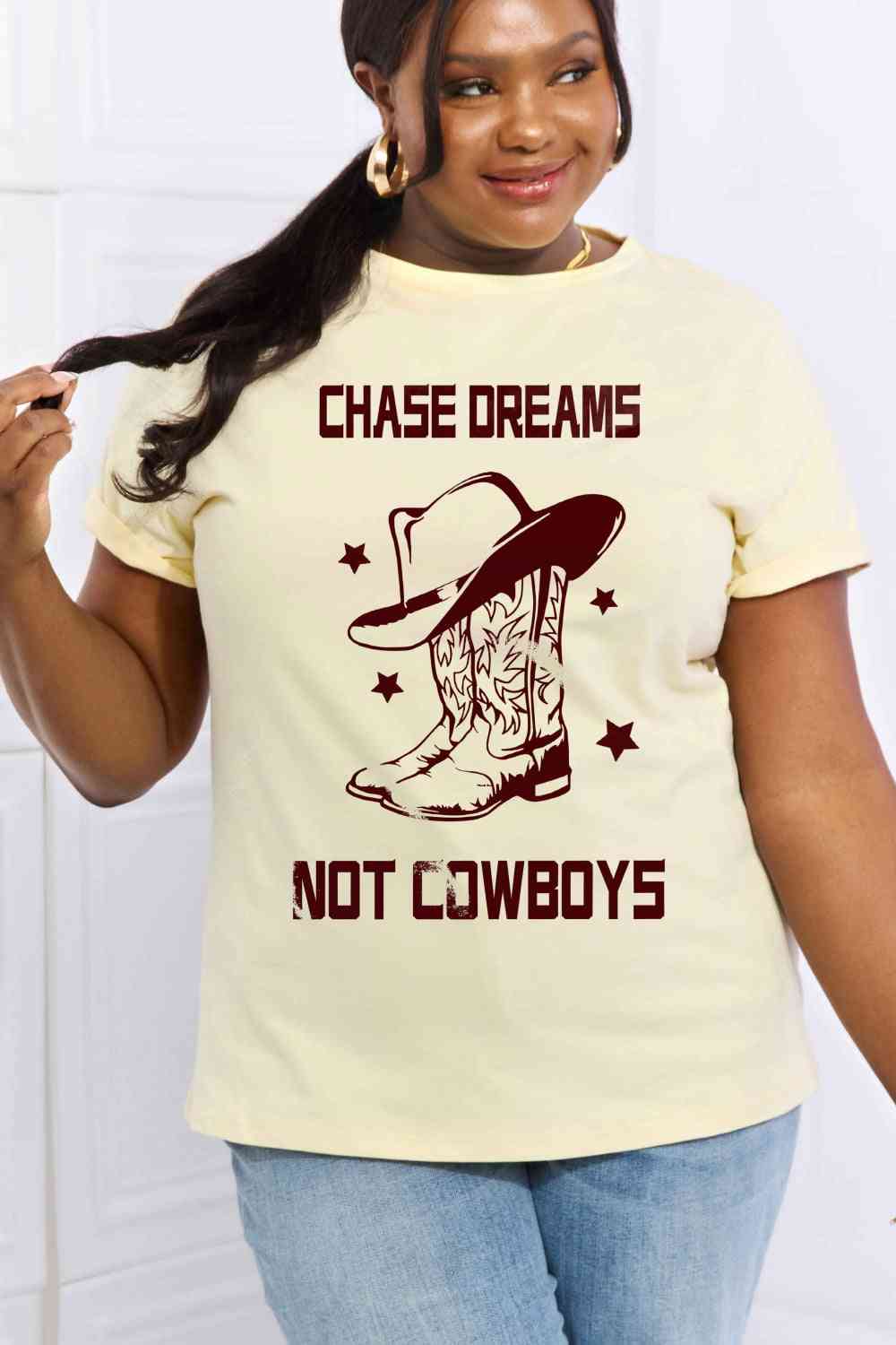 CHASE DREAMS NOT COWBOYS Graphic Cotton Tee - Yellow / S - T-Shirts - Shirts & Tops - 1 - 2024