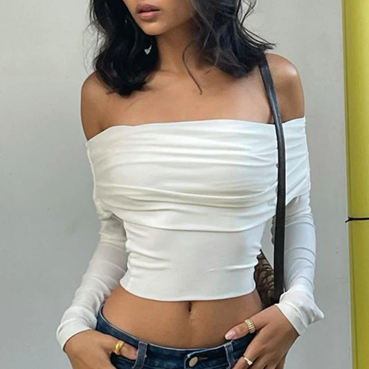 Chic Women Sexy Off Shoulder T-shirt Spring Long Sleeve Slim Fit Crop Top Y2K Vintage Harajuku White Tees Elegant