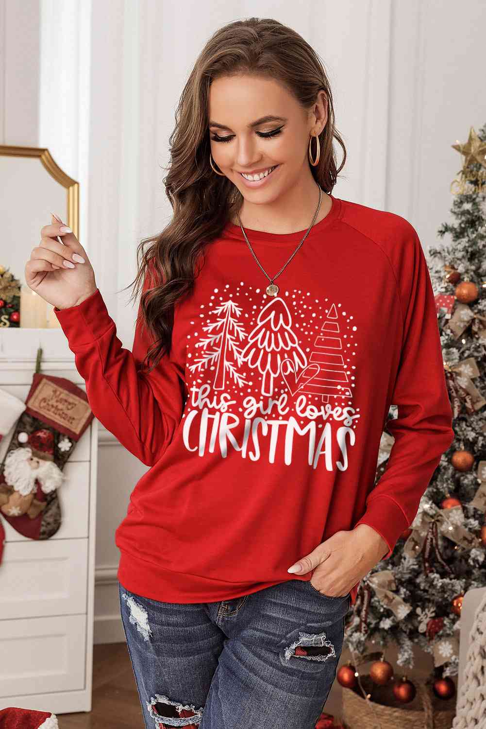 Christmas Tree Round Neck Sweatshirt - Red / S - T-Shirts - Shirts & Tops - 1 - 2024