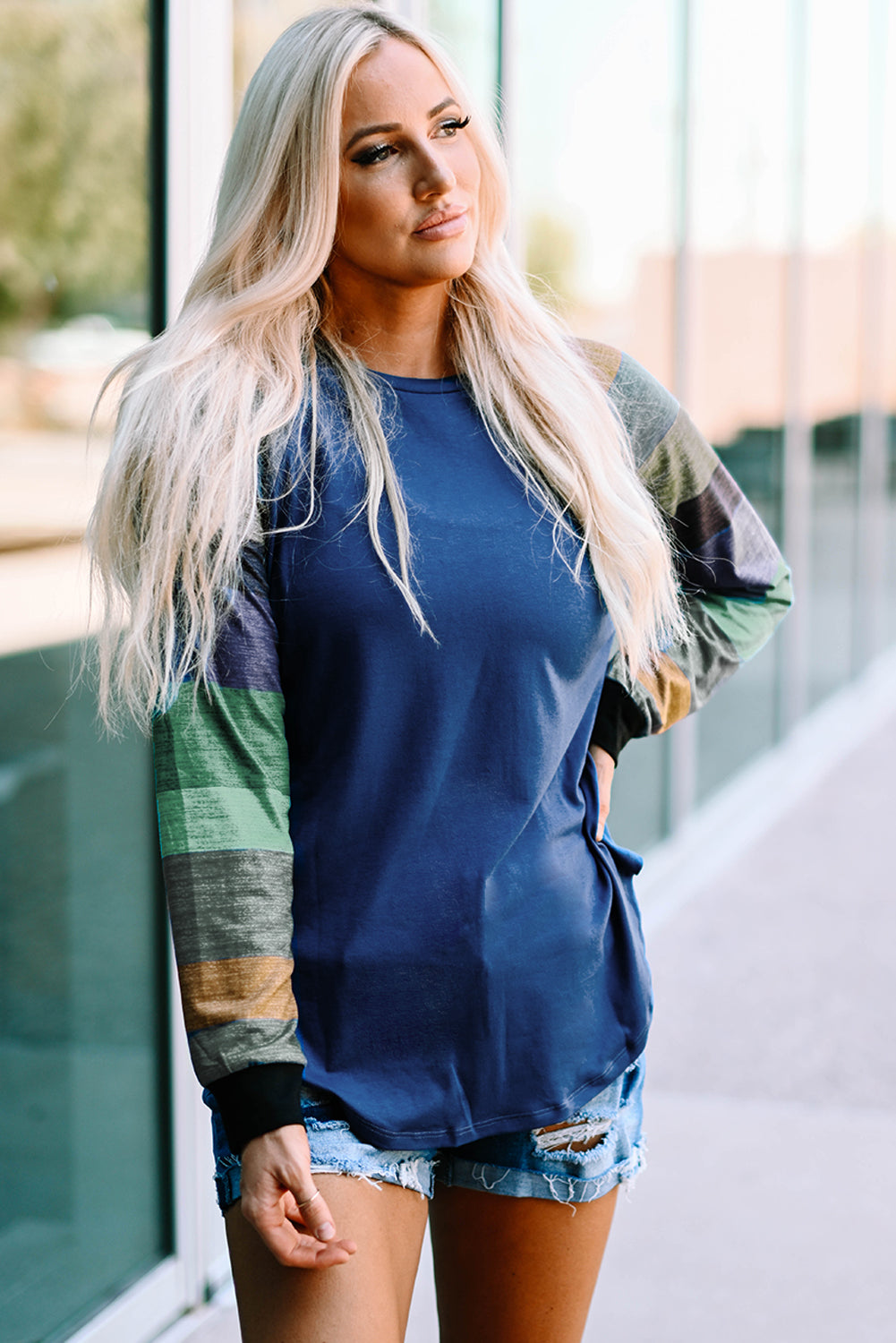 Color Block Curved Hem Long Sleeve Tee - T-Shirts - Shirts & Tops - 12 - 2024