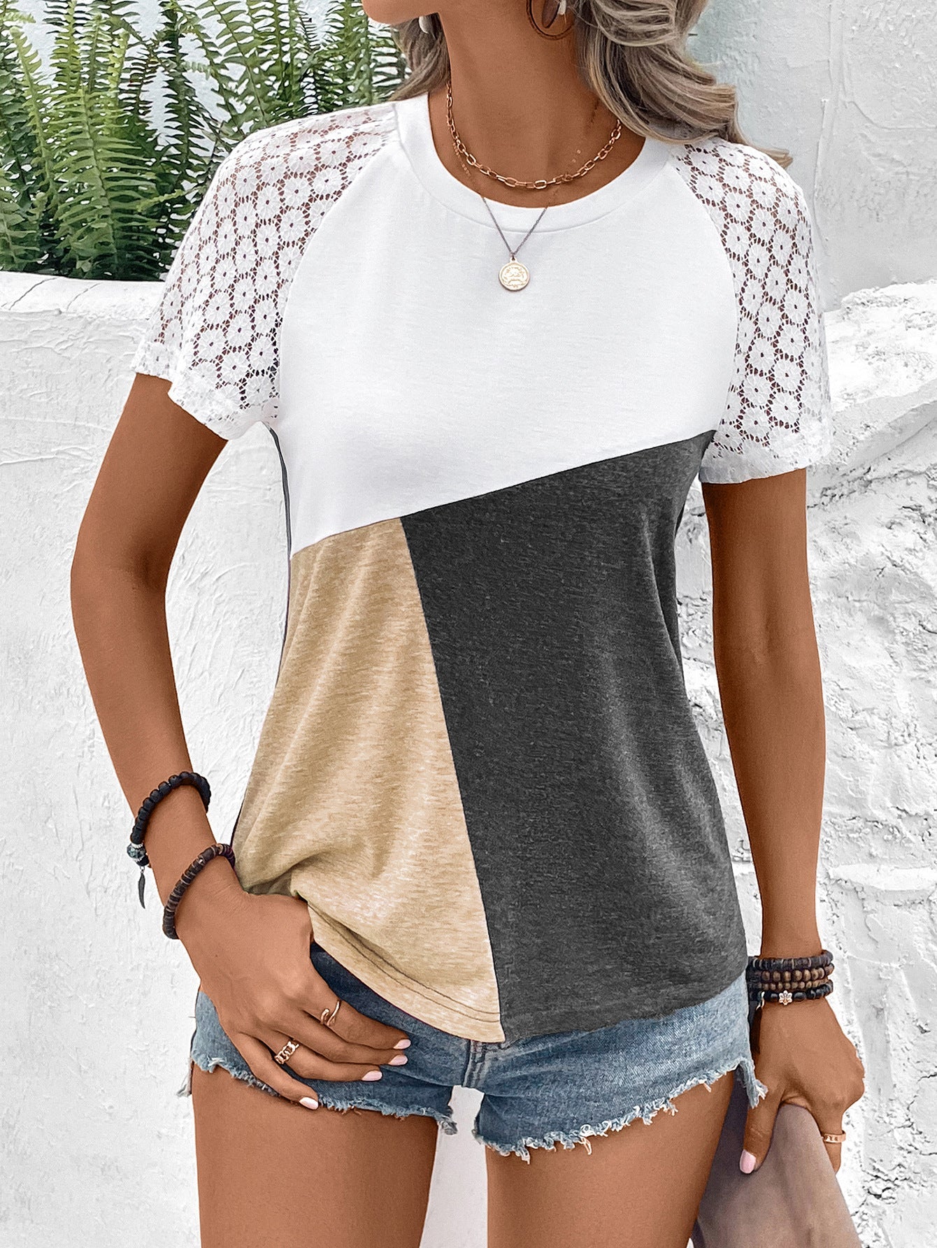 Color Block Raglan Sleeve Round Neck Tee - Brown / S - T-Shirts - Shirts & Tops - 6 - 2024
