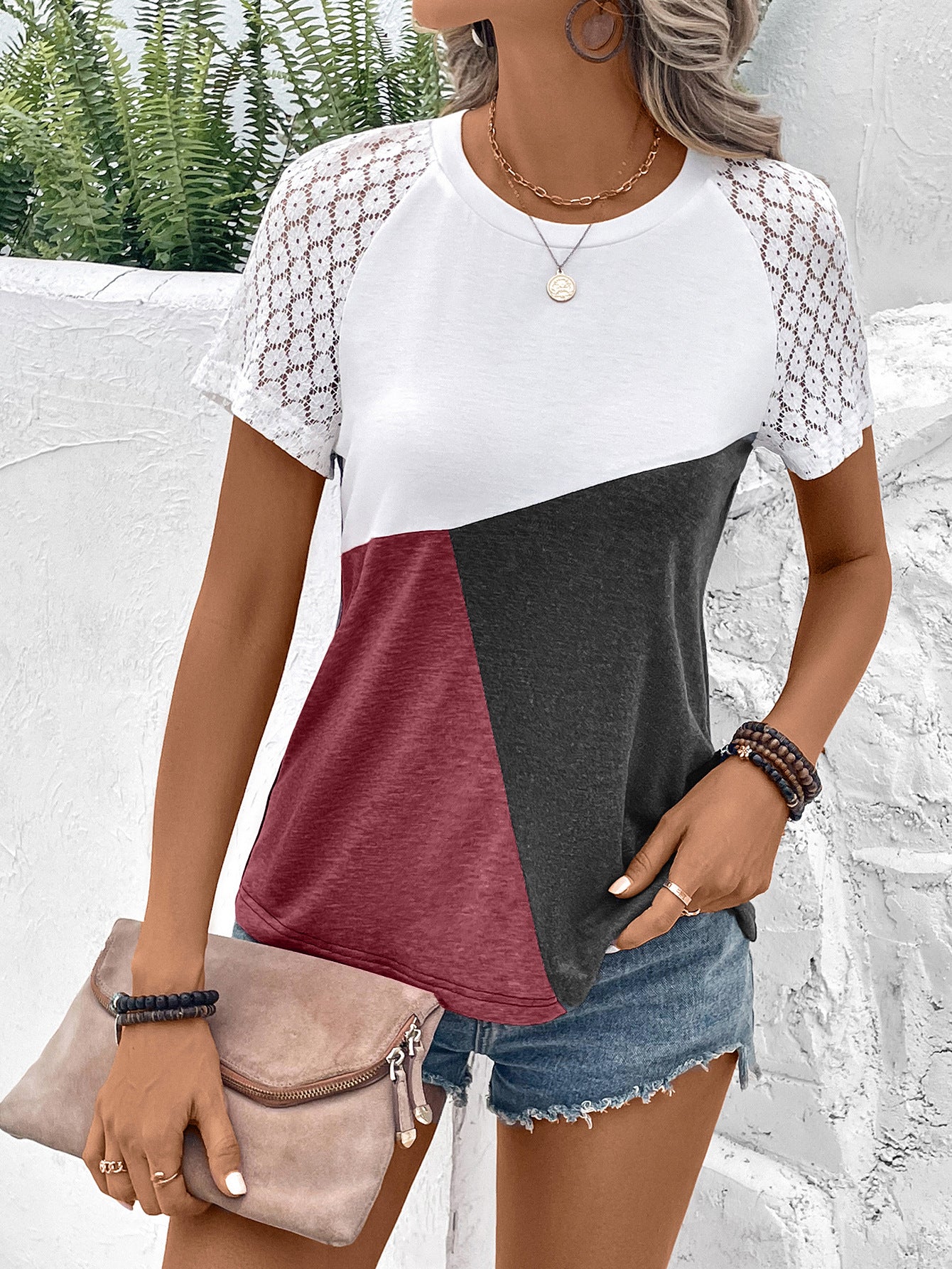 Color Block Raglan Sleeve Round Neck Tee - Red / S - T-Shirts - Shirts & Tops - 11 - 2024