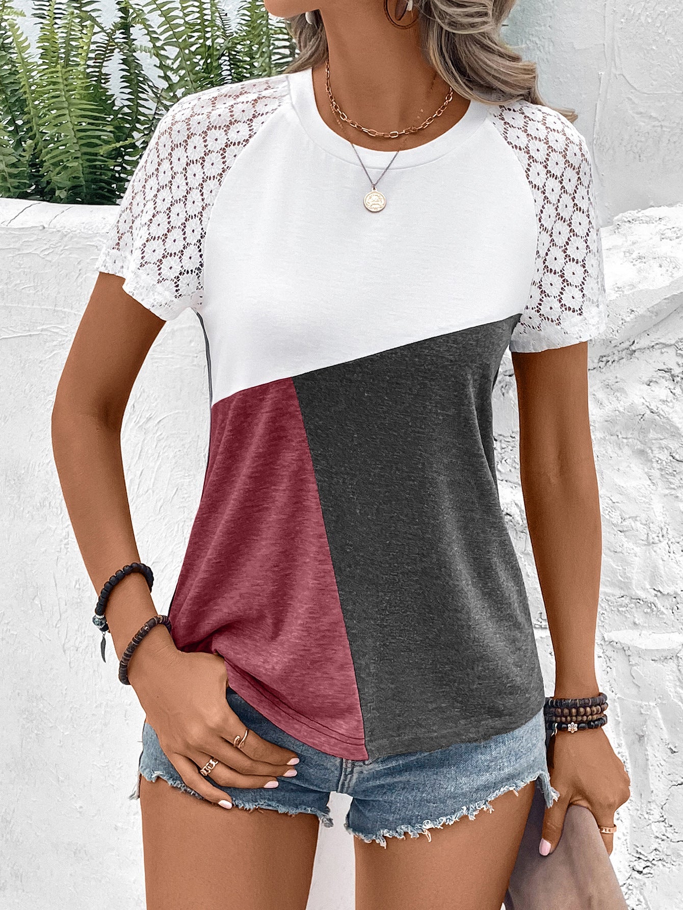 Color Block Raglan Sleeve Round Neck Tee - T-Shirts - Shirts & Tops - 14 - 2024