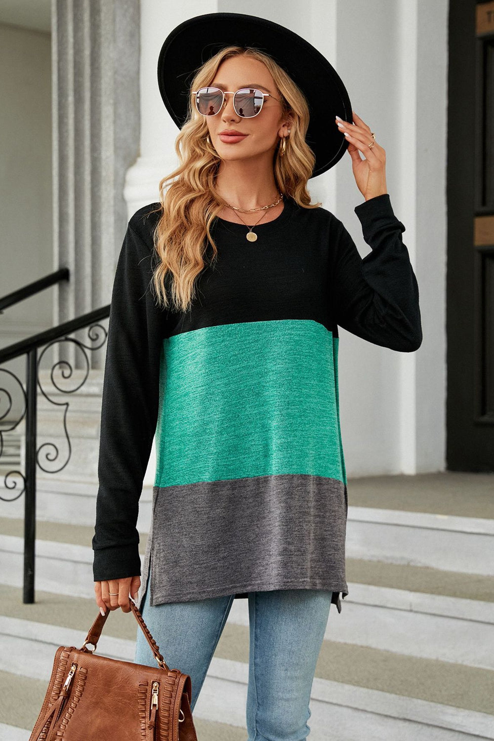 Color Block Round Neck Long Sleeve Slit T-Shirt - Teal / S - T-Shirts - Shirts & Tops - 1 - 2024