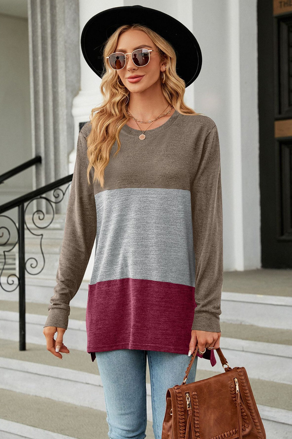 Color Block Round Neck Long Sleeve Slit T-Shirt - Brown / S - T-Shirts - Shirts & Tops - 7 - 2024