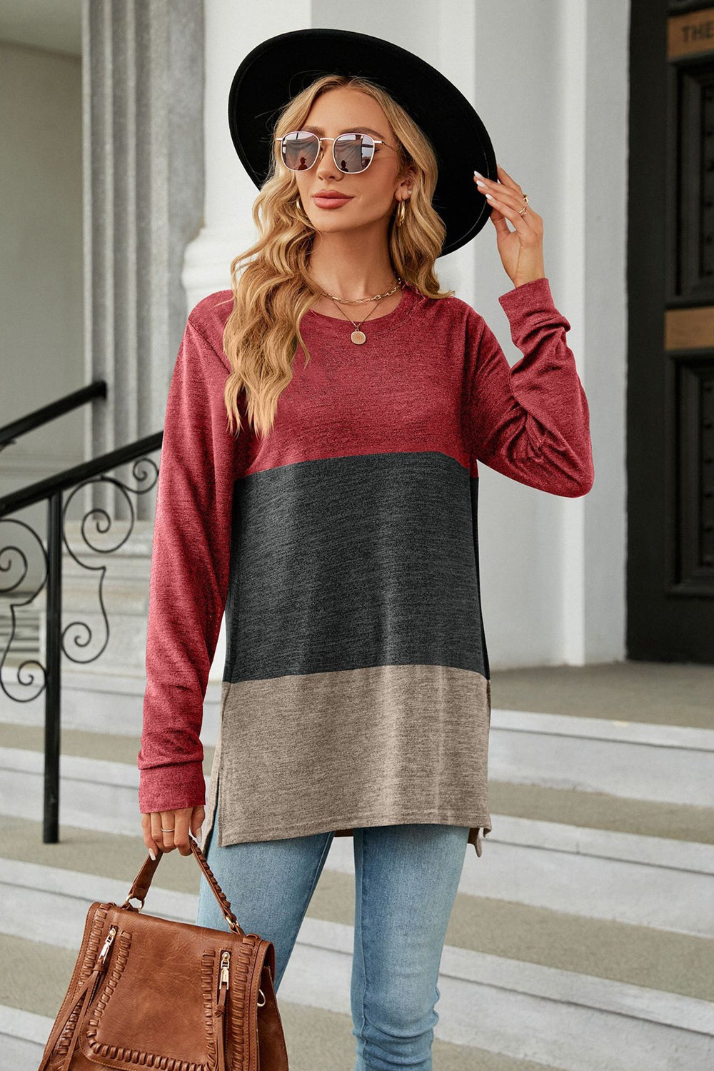 Color Block Round Neck Long Sleeve Slit T-Shirt - Red / S - T-Shirts - Shirts & Tops - 13 - 2024