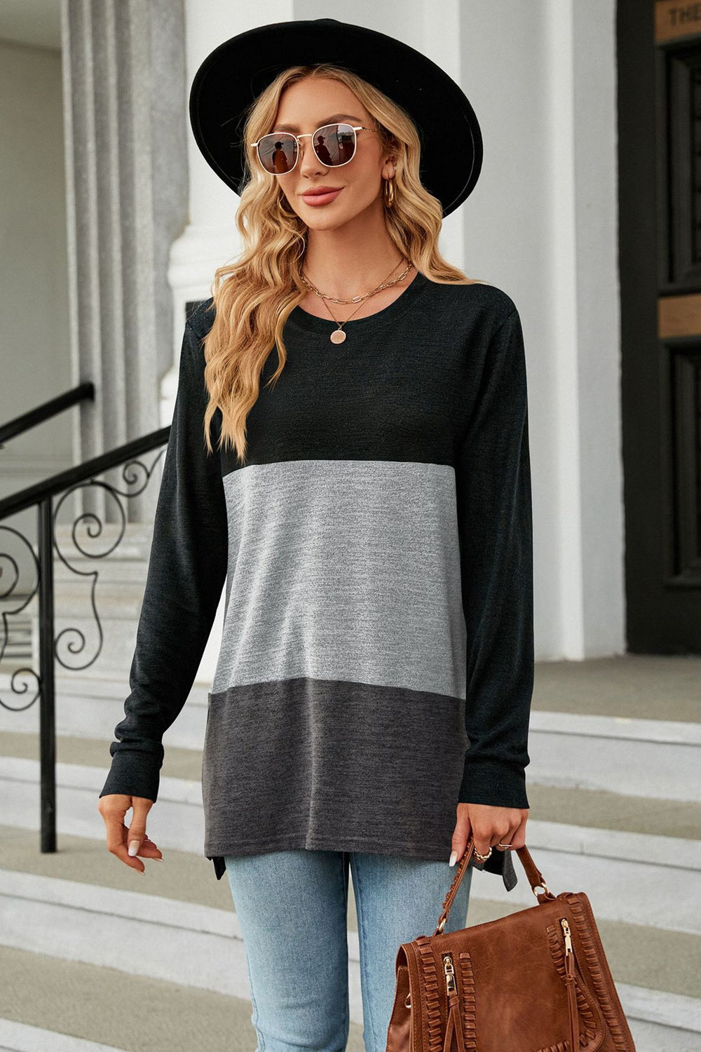 Color Block Round Neck Long Sleeve Slit T-Shirt - Gray / S - T-Shirts - Shirts & Tops - 19 - 2024