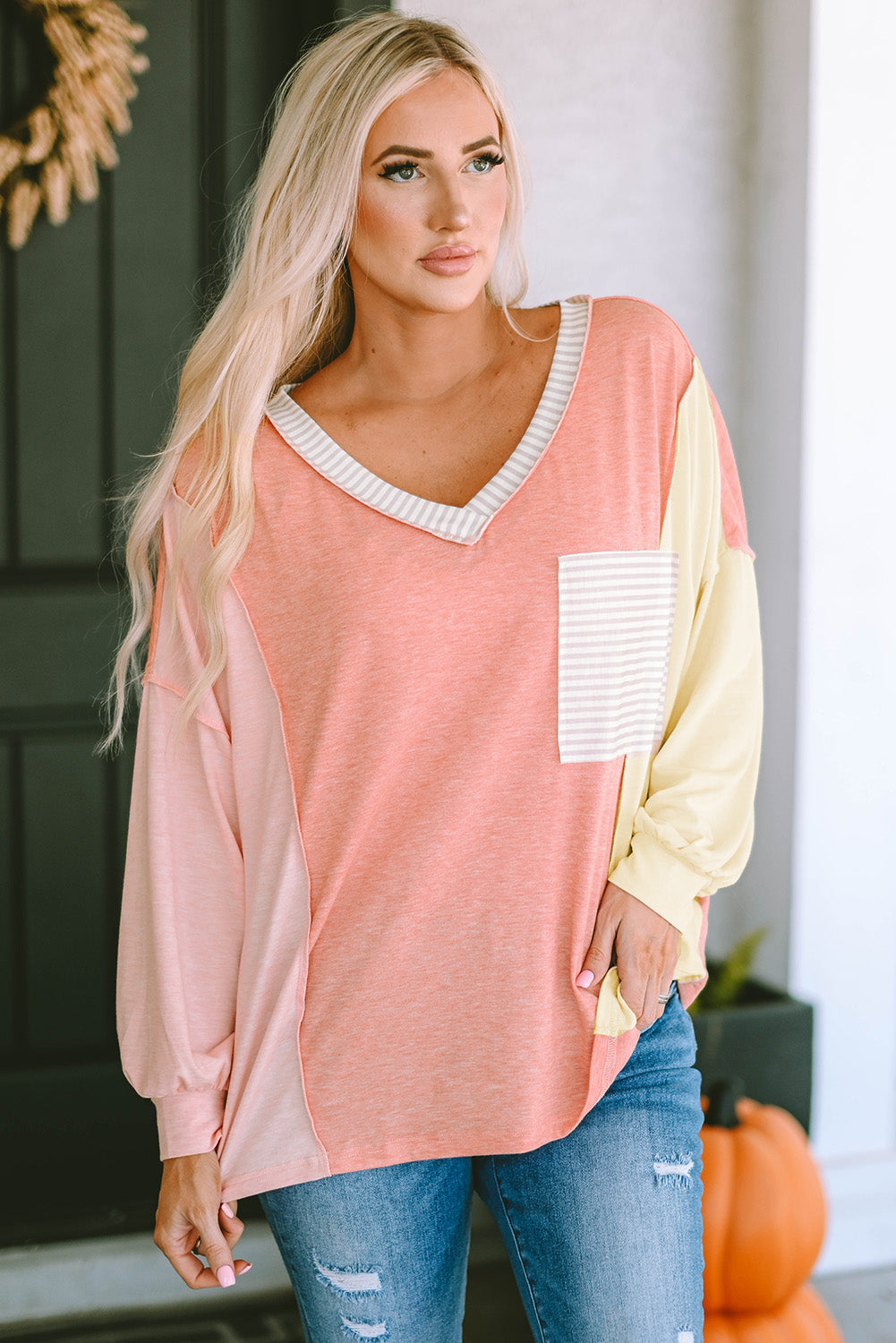 Color Block V-Neck Dropped Shoulder Sweatshirt with Pocket - T-Shirts - Shirts & Tops - 4 - 2024