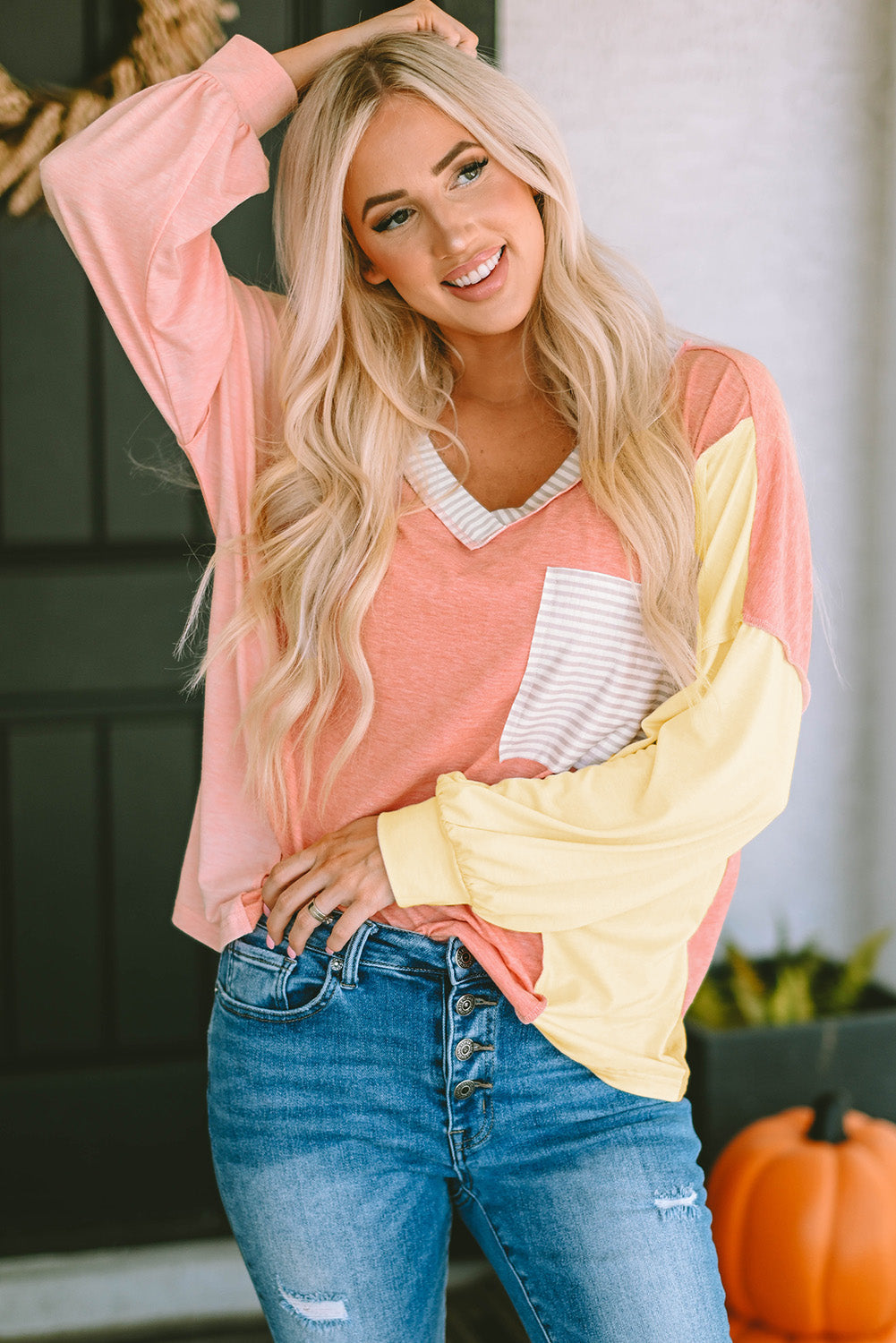 Color Block V-Neck Dropped Shoulder Sweatshirt with Pocket - T-Shirts - Shirts & Tops - 3 - 2024