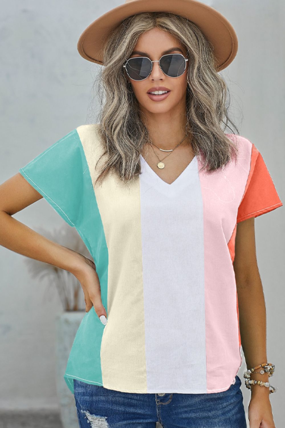 Color Block V-Neck Short Sleeve Top - Multi / S - T-Shirts - Shirts & Tops - 1 - 2024