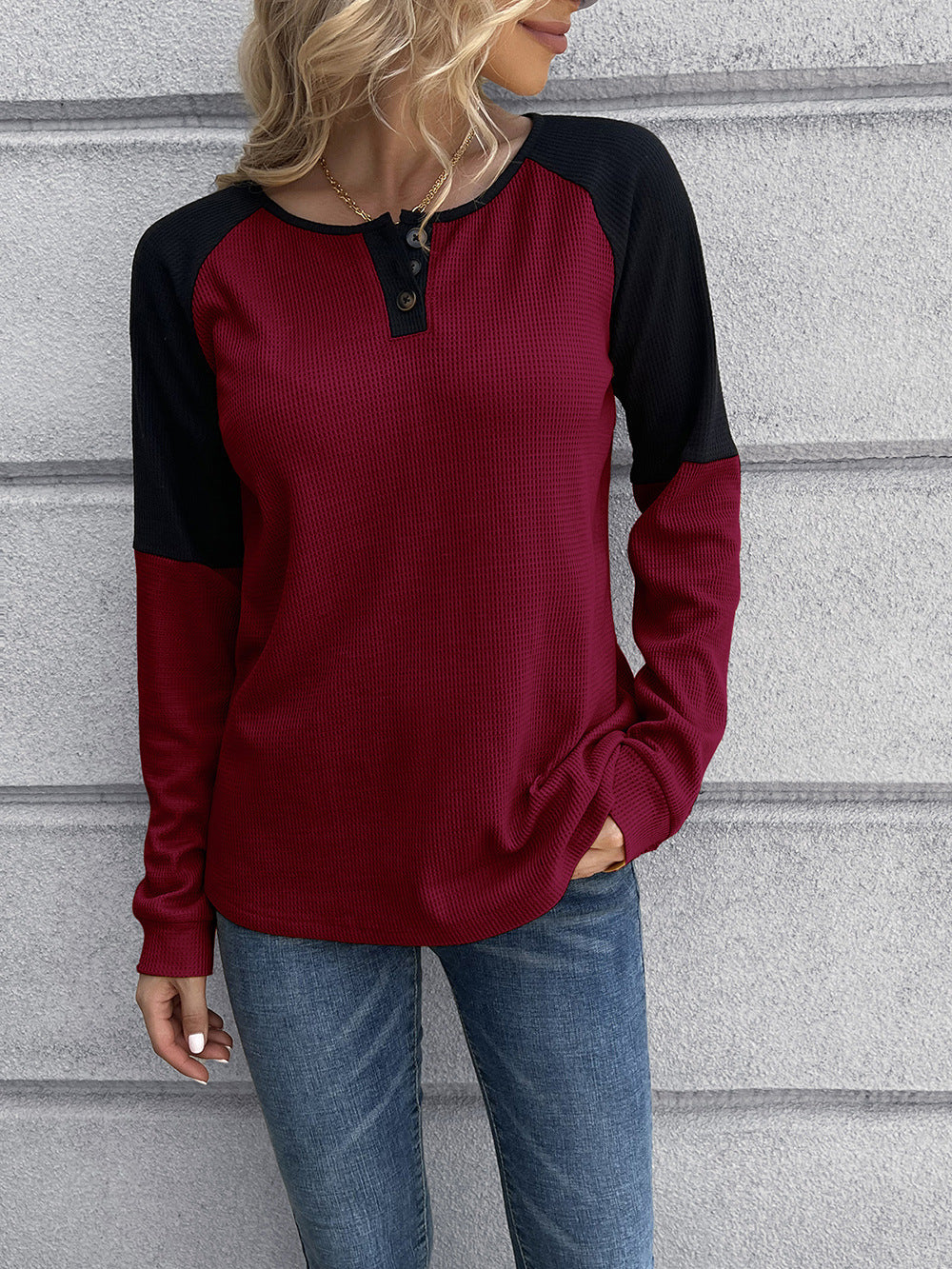 Contrast Buttoned Round Neck Raglan Sleeve Top - T-Shirts - Shirts & Tops - 4 - 2024