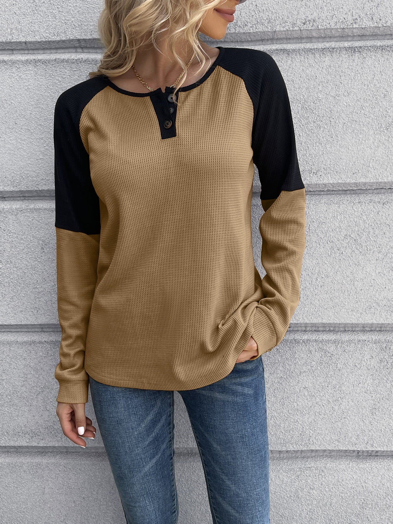 Contrast Buttoned Round Neck Raglan Sleeve Top - T-Shirts - Shirts & Tops - 7 - 2024
