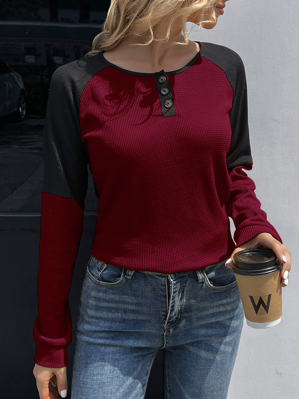 Contrast Buttoned Round Neck Raglan Sleeve Top - Red / S - T-Shirts - Shirts & Tops - 5 - 2024