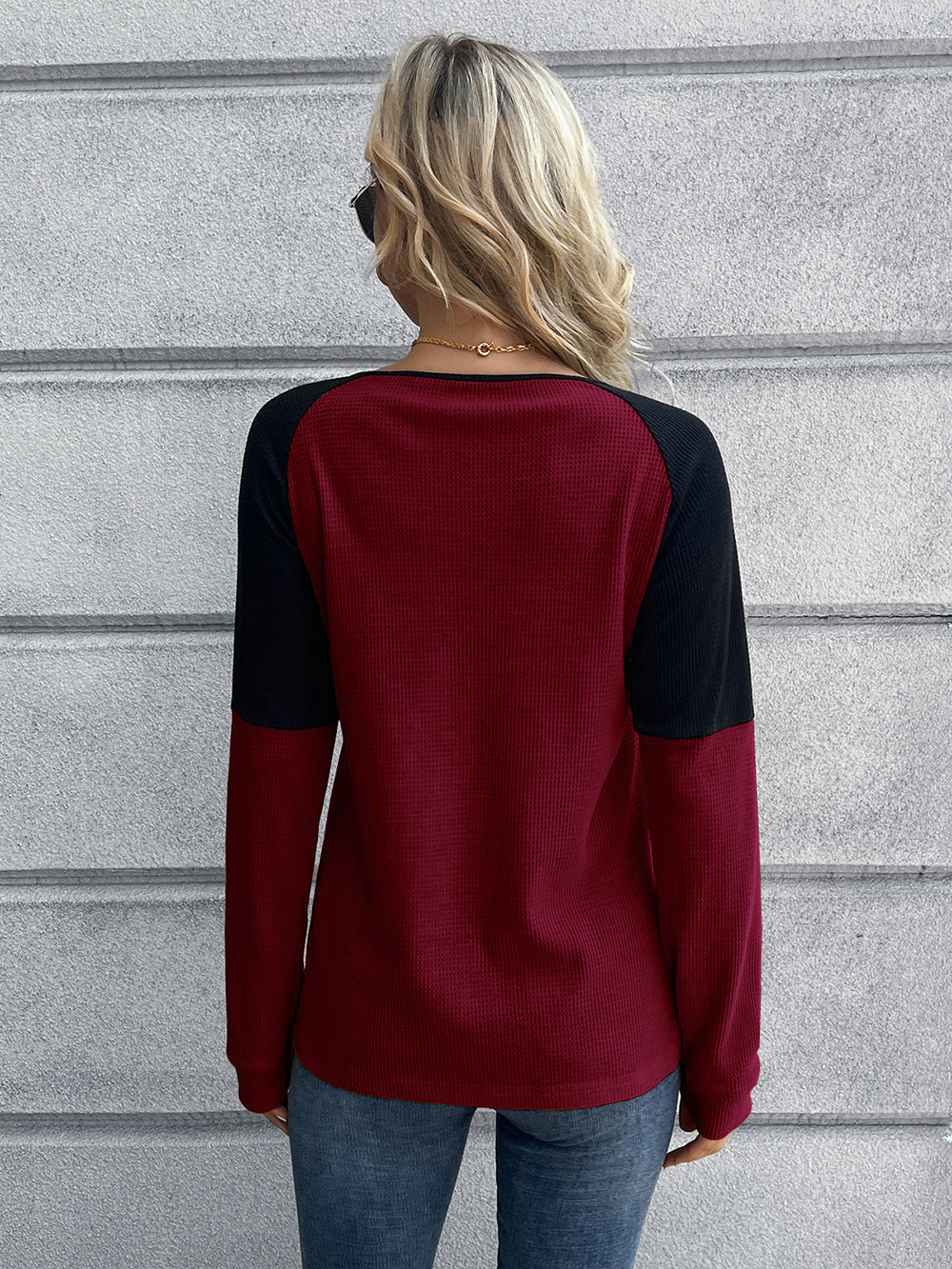 Contrast Buttoned Round Neck Raglan Sleeve Top - T-Shirts - Shirts & Tops - 6 - 2024