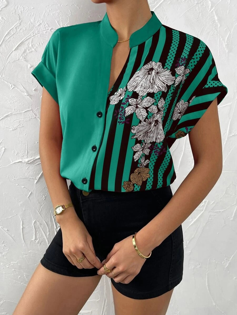Contrast Color Buttoned Shirt - Green / S - T-Shirts - Shirts & Tops - 12 - 2024