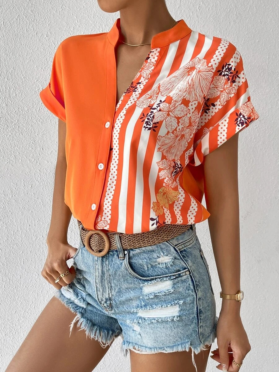 Contrast Color Buttoned Shirt - Orange / S - T-Shirts - Shirts & Tops - 20 - 2024