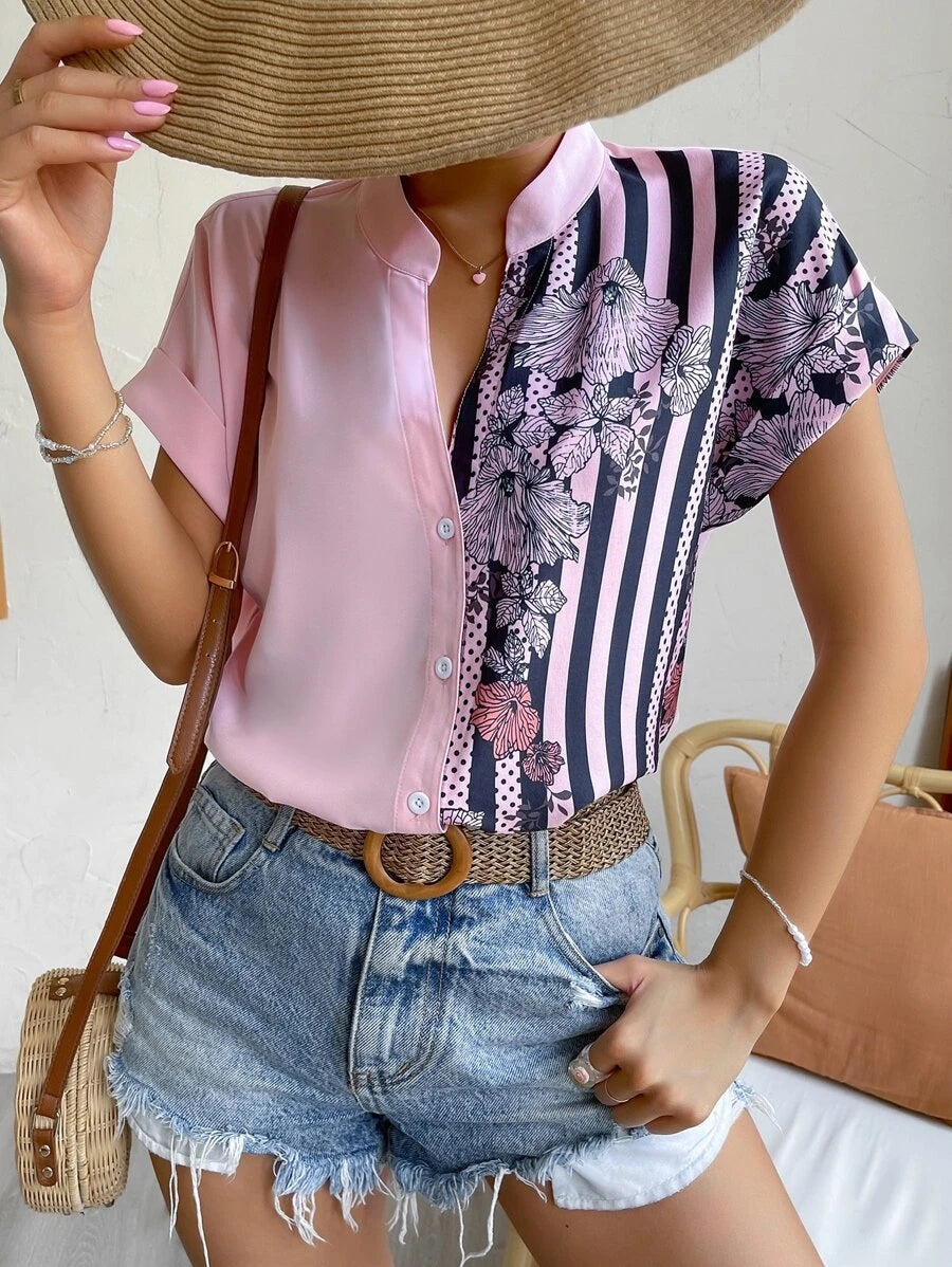 Contrast Color Buttoned Shirt - Pink / S - T-Shirts - Shirts & Tops - 8 - 2024