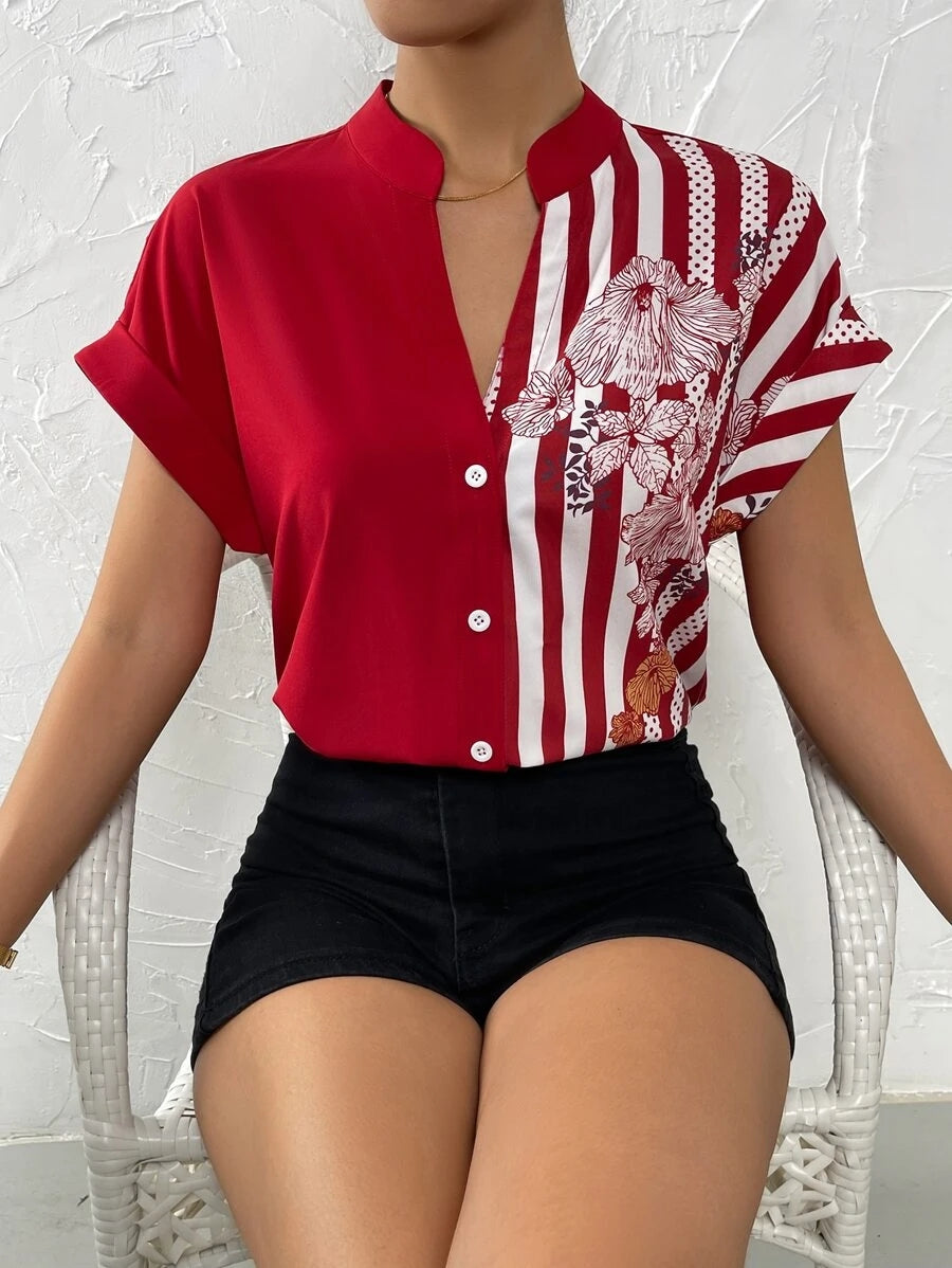 Contrast Color Buttoned Shirt - Red / S - T-Shirts - Shirts & Tops - 4 - 2024
