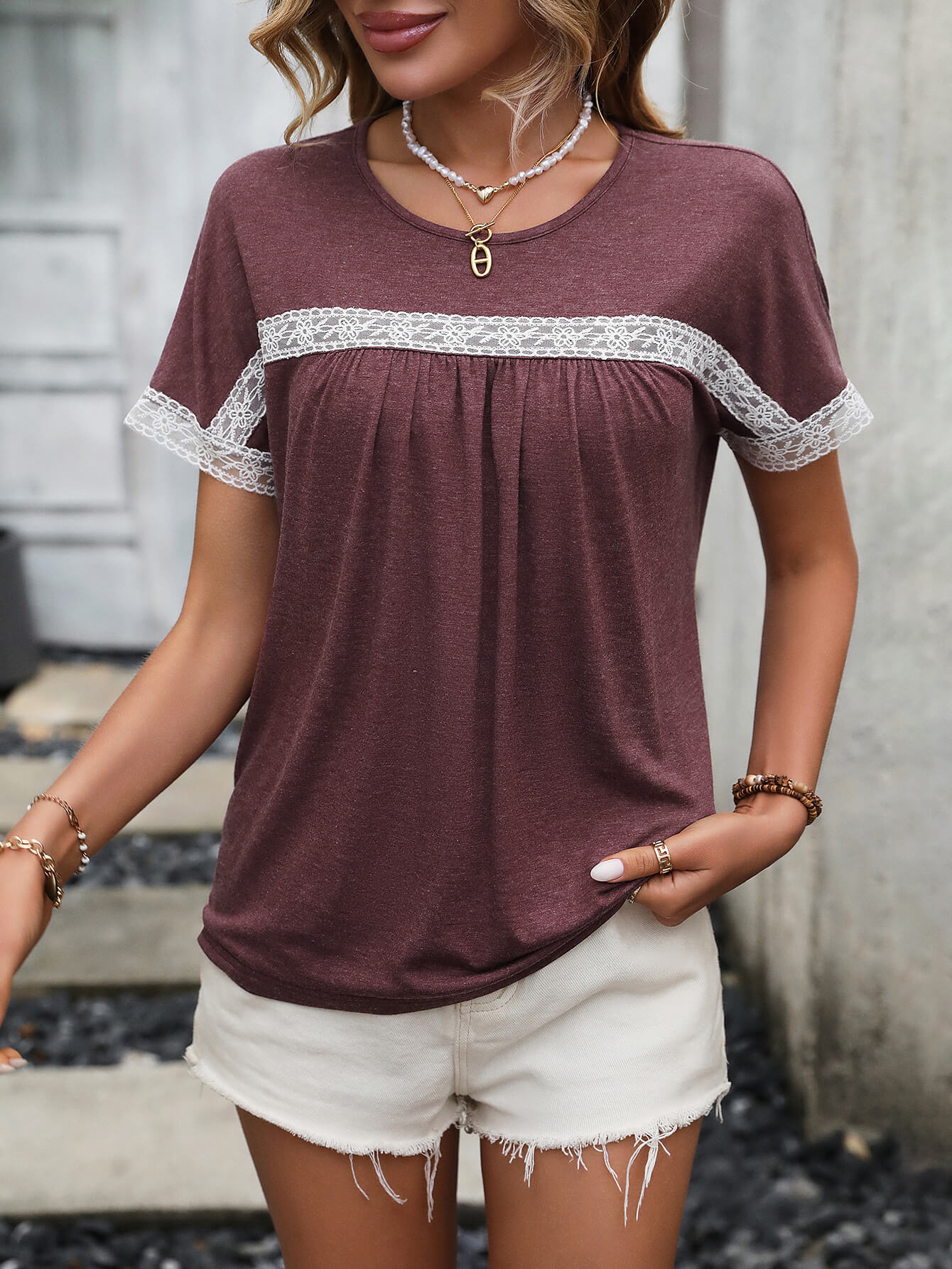 Contrast Round Neck Short Sleeve Tee - T-Shirts - Shirts & Tops - 8 - 2024