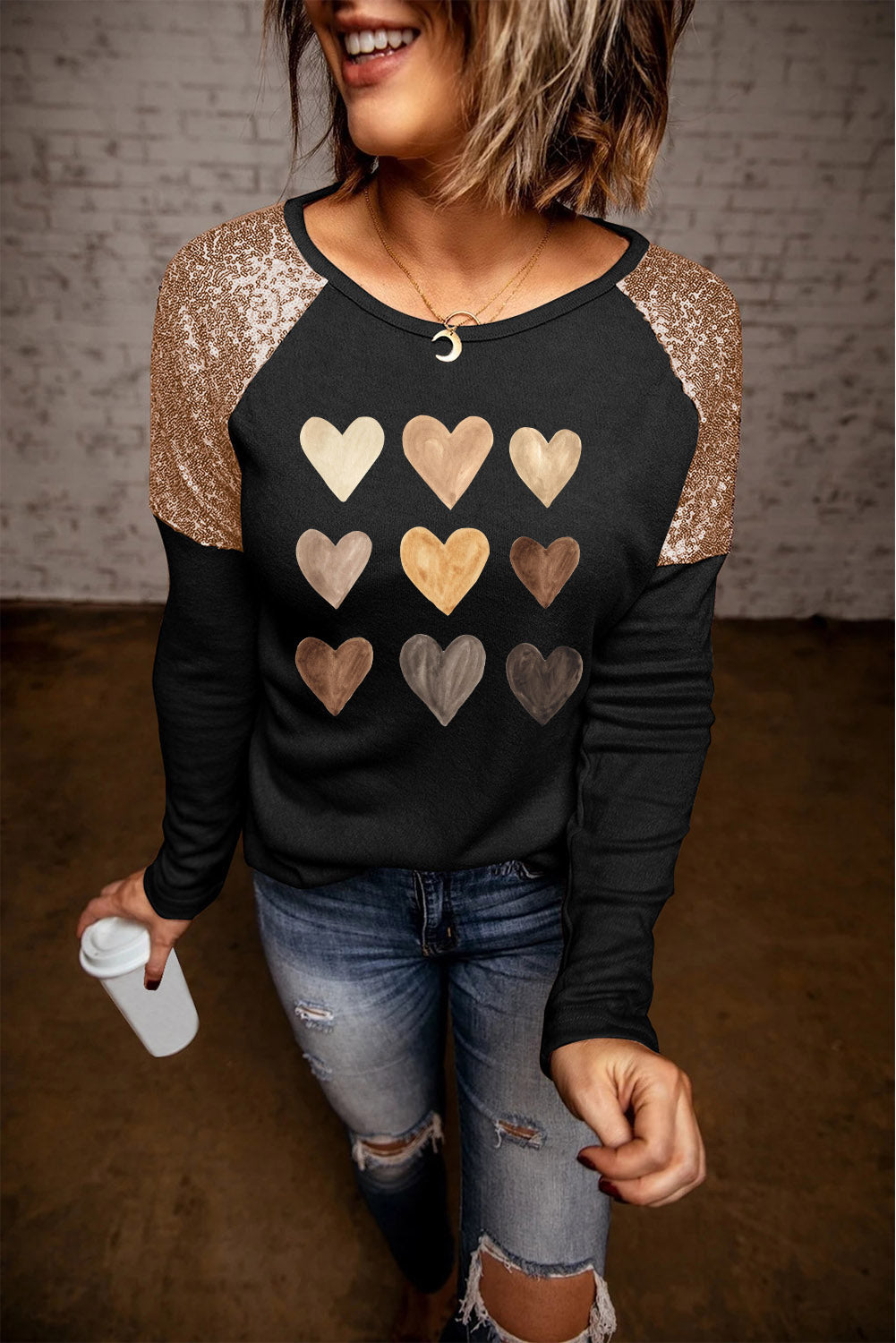 Contrast Sequin Heart Graphic Raglan Sleeve Top - Black / S - T-Shirts - Shirts & Tops - 3 - 2024