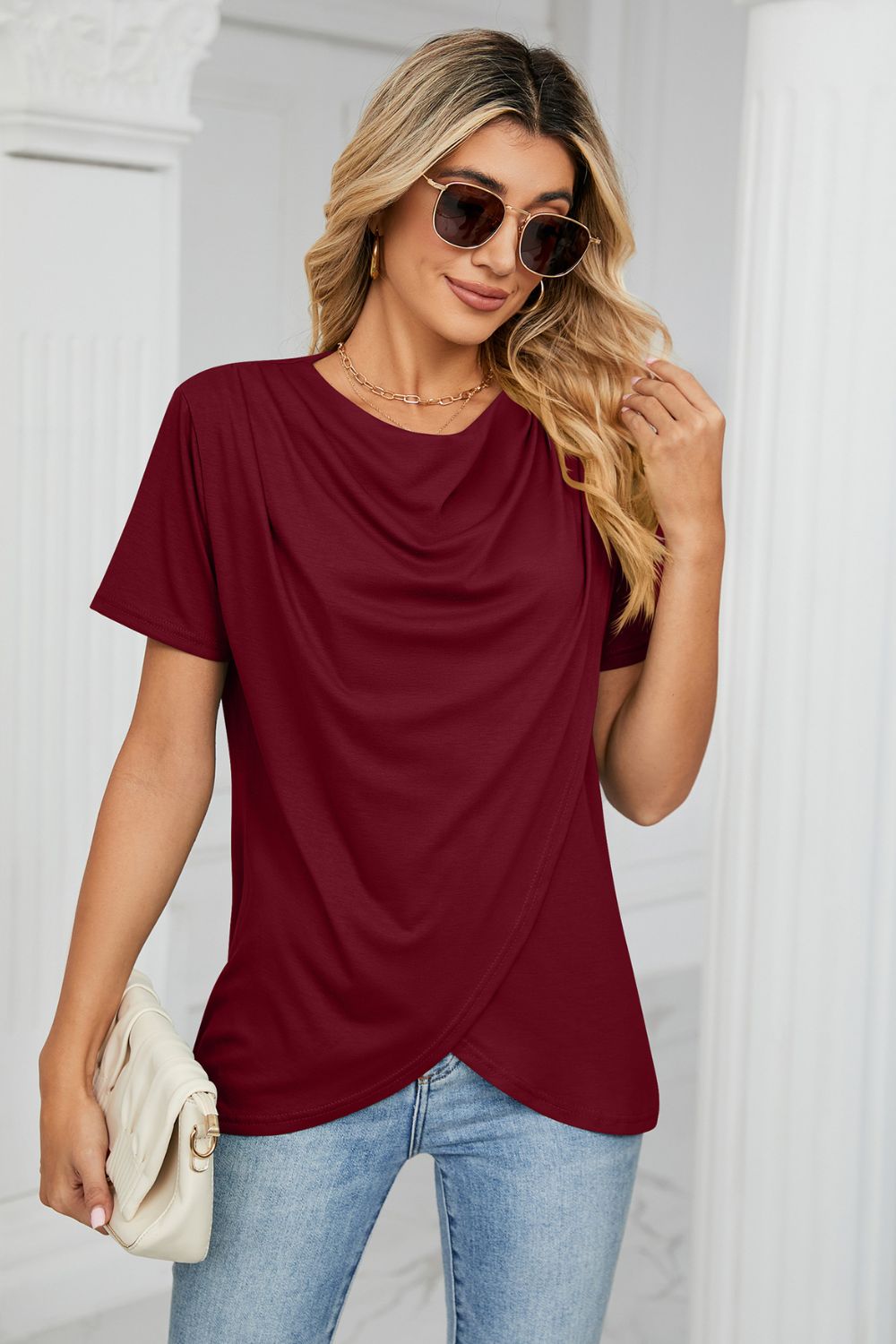 Cowl Neck Tulip Hem T-Shirt - Red / S - T-Shirts - Shirts & Tops - 4 - 2024