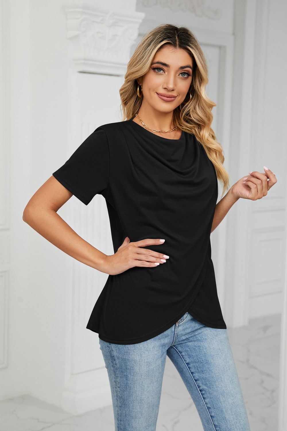 Cowl Neck Tulip Hem T-Shirt - T-Shirts - Shirts & Tops - 8 - 2024