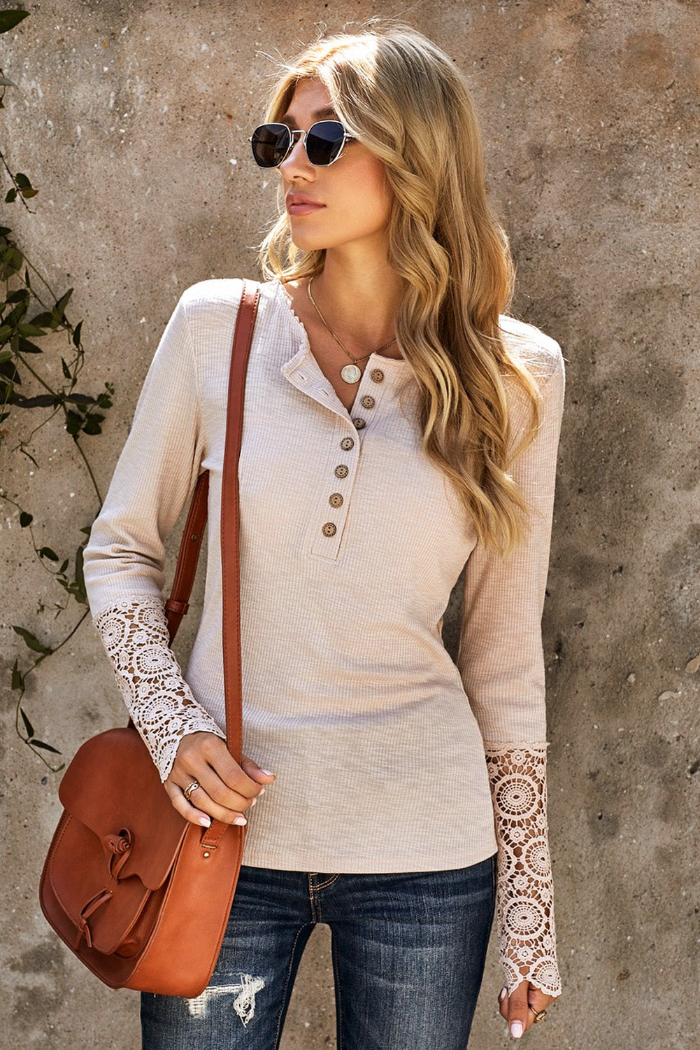 Crochet Lace Hem Sleeve Button Top - Beige / S - T-Shirts - Shirts & Tops - 10 - 2024