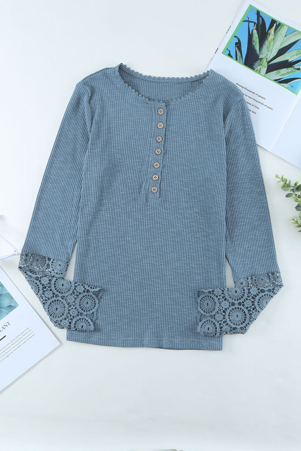 Crochet Lace Hem Sleeve Button Top - Blue / S - T-Shirts - Shirts & Tops - 15 - 2024