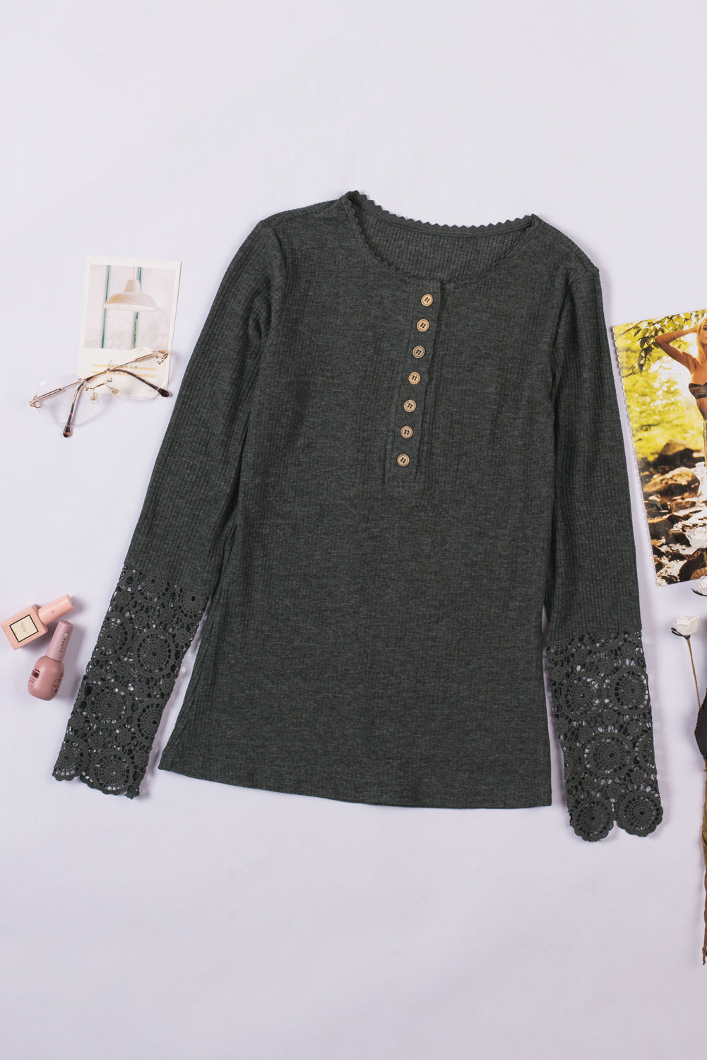 Crochet Lace Hem Sleeve Button Top - Dark Gray / S - T-Shirts - Shirts & Tops - 18 - 2024