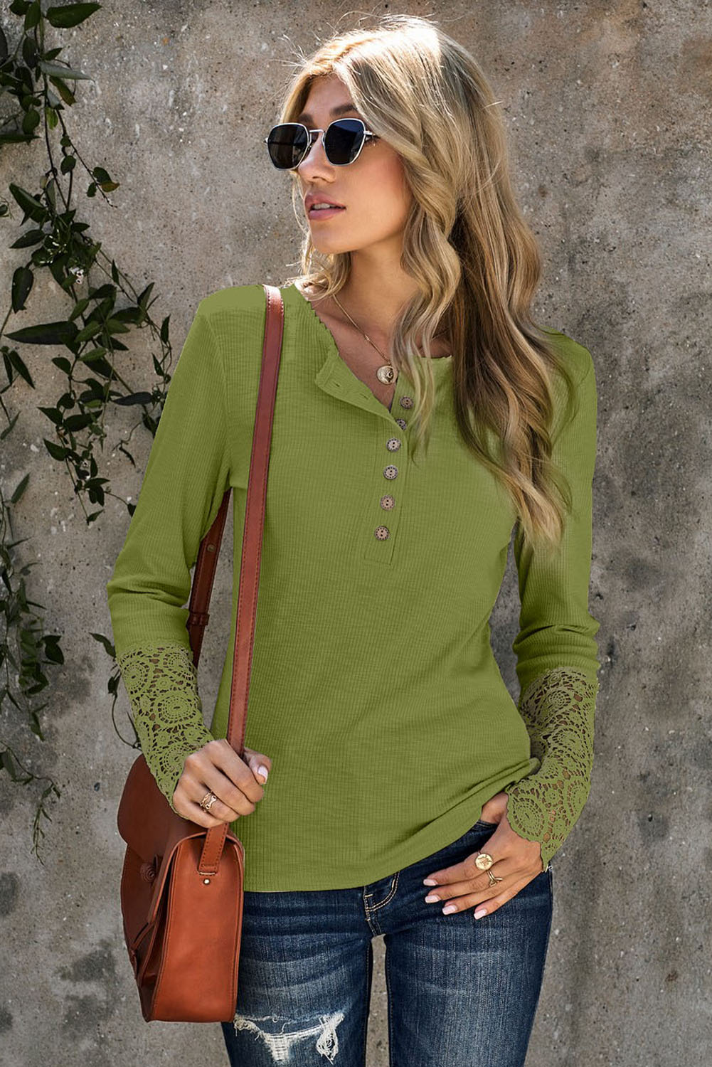 Crochet Lace Hem Sleeve Button Top - Green / S - T-Shirts - Shirts & Tops - 7 - 2024