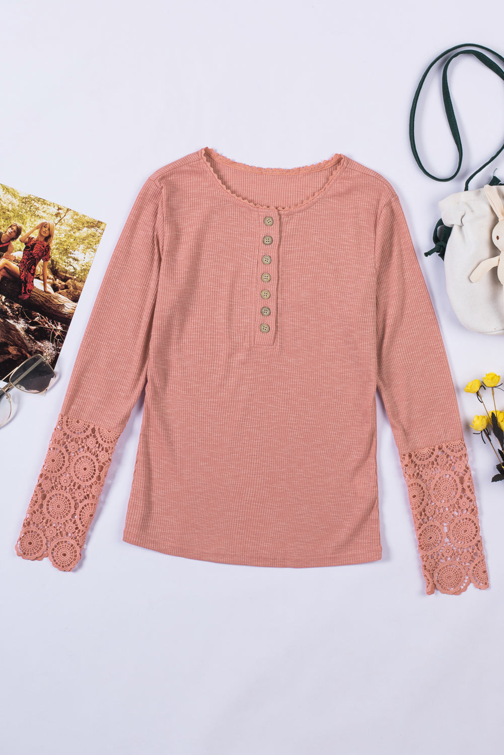Crochet Lace Hem Sleeve Button Top - Pink / S - T-Shirts - Shirts & Tops - 13 - 2024