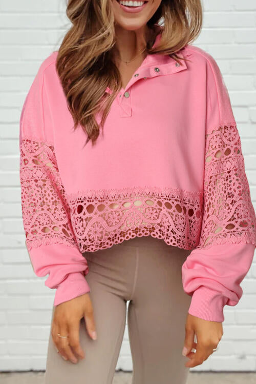 Crochet Snap Button Sweatshirt - Pink / S - T-Shirts - Shirts & Tops - 1 - 2024