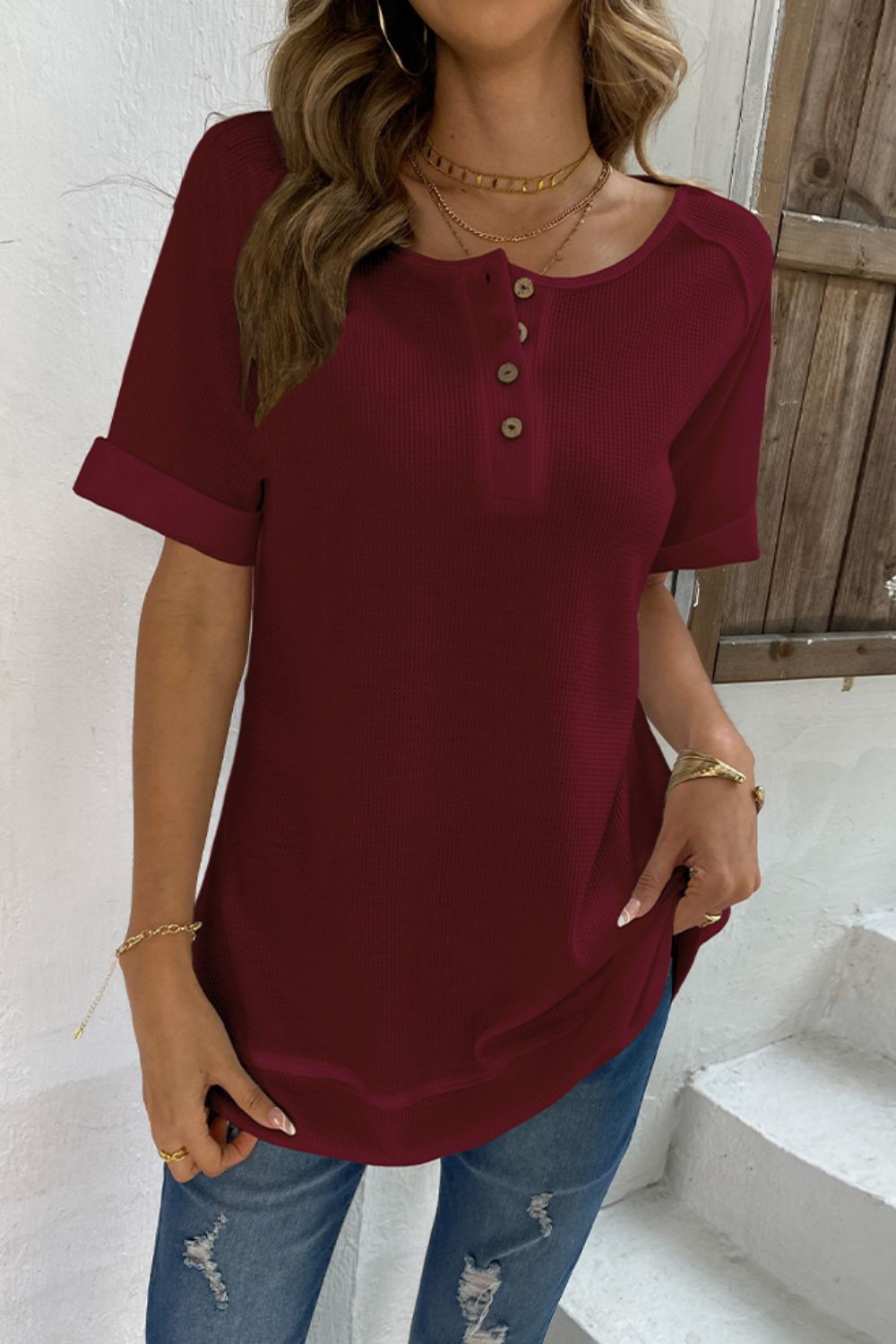 Cuffed Sleeve Henley Top - Red / S - T-Shirts - Shirts & Tops - 4 - 2024