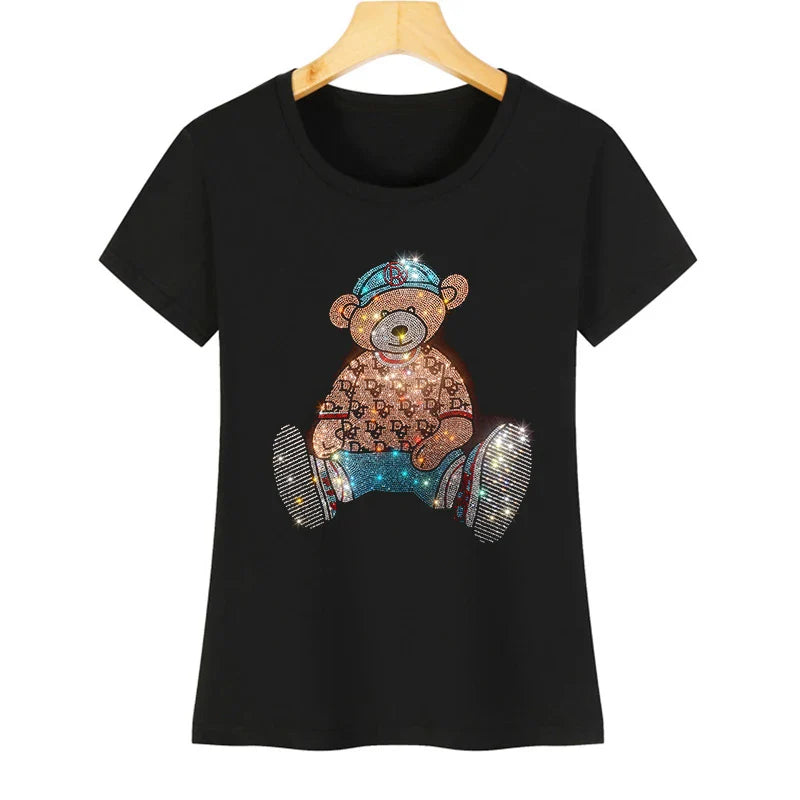 Cute Bear Cotton T-Shirt - Rhinestone Cartoon Top for Women - T-Shirts - Shirts & Tops - 1 - 2024
