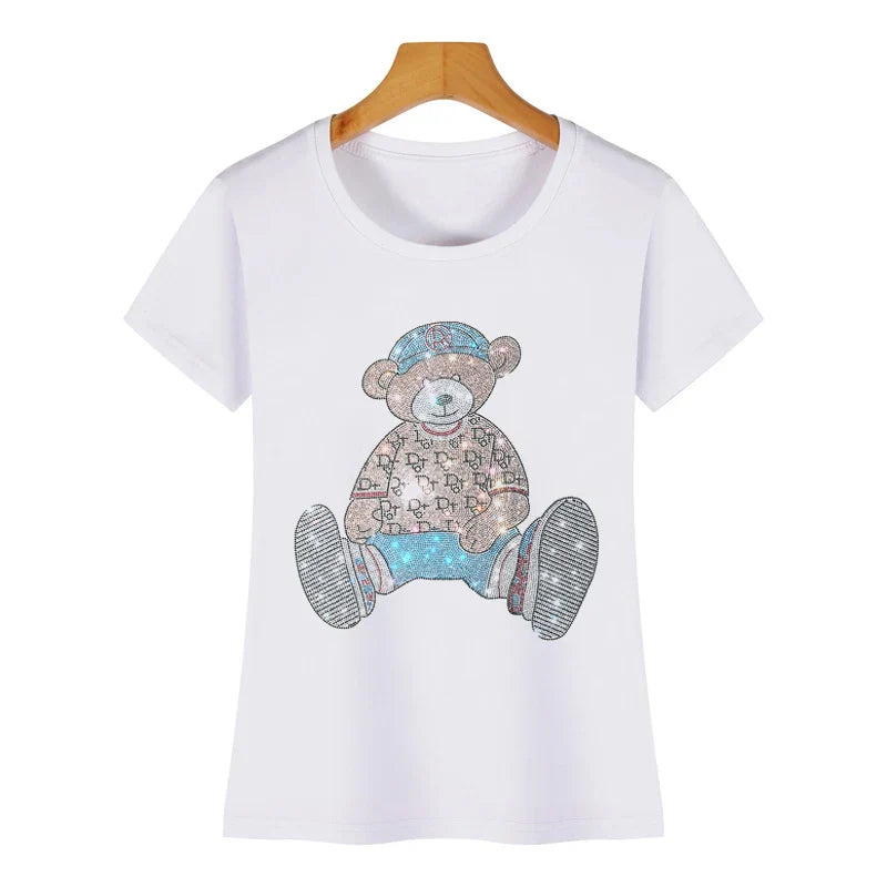Cute Bear Cotton T-Shirt - Rhinestone Cartoon Top for Women - White / S - T-Shirts - Shirts & Tops - 8 - 2024