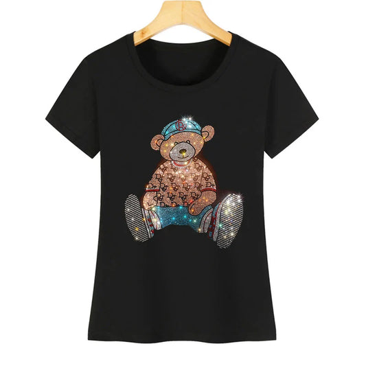 Cute Bear Cotton T-Shirt - Rhinestone Cartoon Top for Women - Black / S - T-Shirts - Shirts & Tops - 7 - 2024