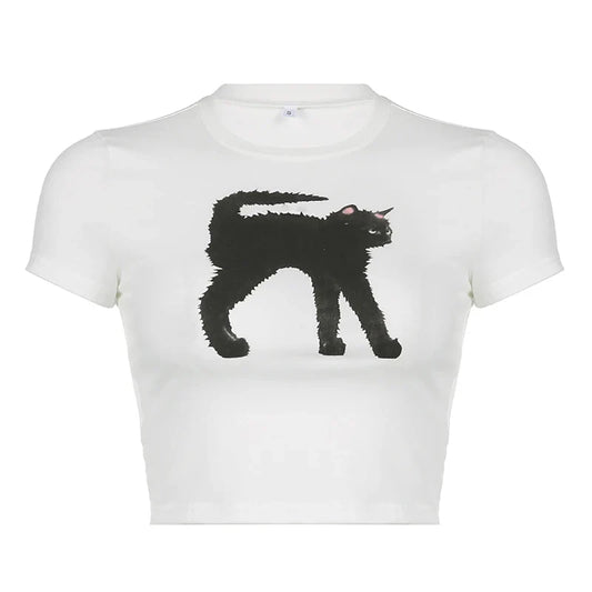 Cute Cat Crop Top - Casual Crewneck Slim Tee - White / L - T-Shirts - Shirts & Tops - 1 - 2024