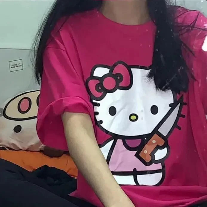 Cute Hello Kitty Sanrio T-Shirt Cotton Summer Y2K Loose Short Sleeve Top Female Dark Print Girl and Sweet Harajuku