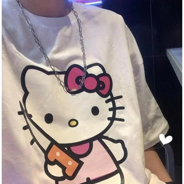 Cute Hello Kitty Sanrio T-Shirt Cotton Summer Y2K Loose Short Sleeve Top Female Dark Print Girl and Sweet Harajuku