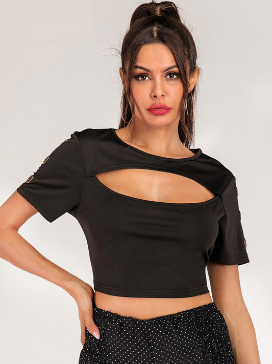 Cutout Grommet Detail Cropped Tee - T-Shirts - Shirts & Tops - 1 - 2024