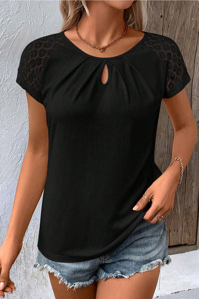 Cutout Round Neck Lace Short Sleeve T-Shirt - Black / S - T-Shirts - Shirts & Tops - 1 - 2024