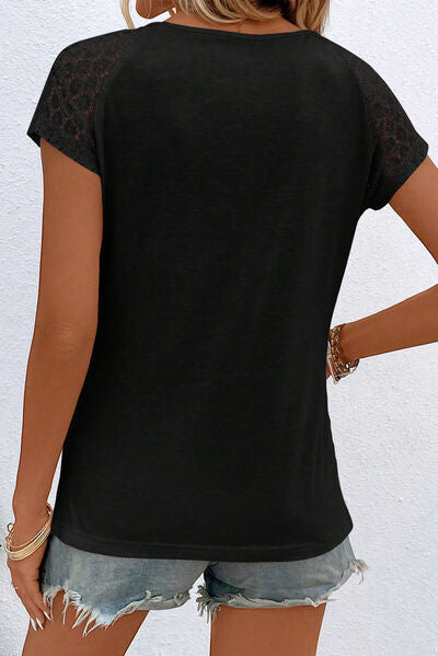 Cutout Round Neck Lace Short Sleeve T-Shirt - T-Shirts - Shirts & Tops - 2 - 2024