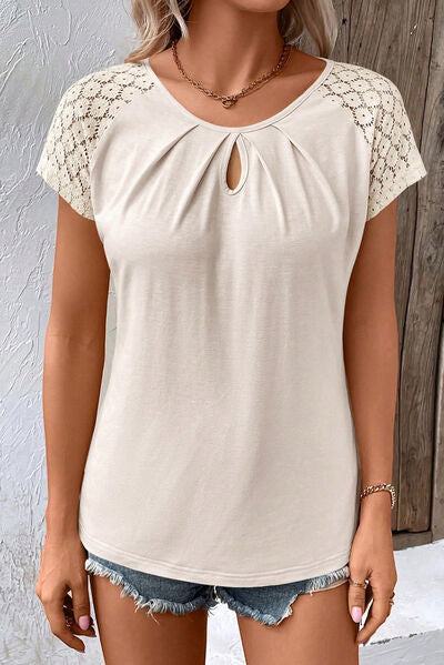 Cutout Round Neck Lace Short Sleeve T-Shirt - White / S - T-Shirts - Shirts & Tops - 5 - 2024