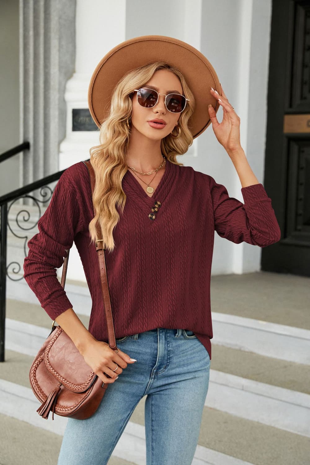 Decorative Button V-Neck Long Sleeve T-Shirt - Red / S - T-Shirts - Shirts & Tops - 22 - 2024