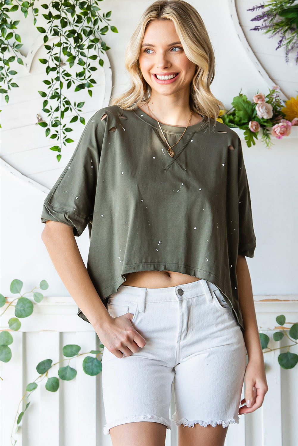 Distressed Asymmetric Hem Cropped Tee Shirt - T-Shirts - Shirts & Tops - 9 - 2024