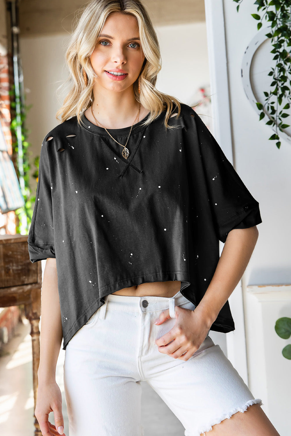 Distressed Asymmetric Hem Cropped Tee Shirt - Black / S - T-Shirts - Shirts & Tops - 1 - 2024