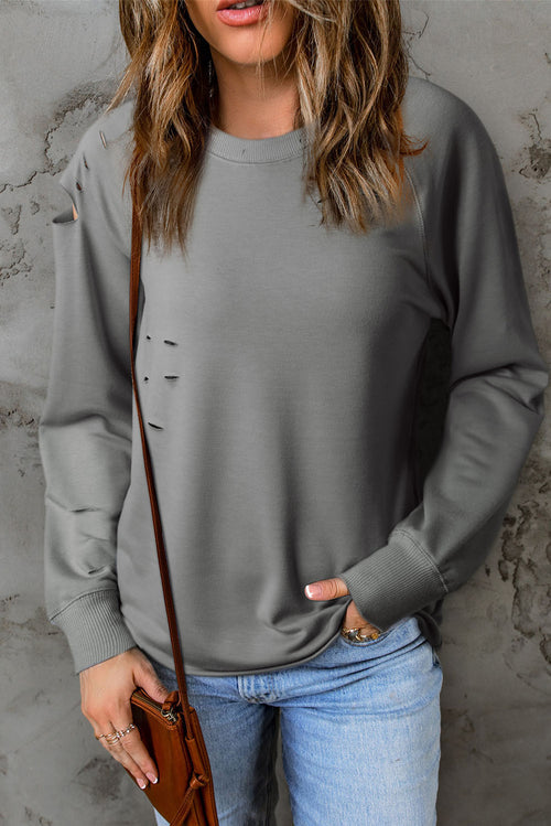 Distressed Long Raglan Sleeve Top - Gray / S - T-Shirts - Shirts & Tops - 2 - 2024