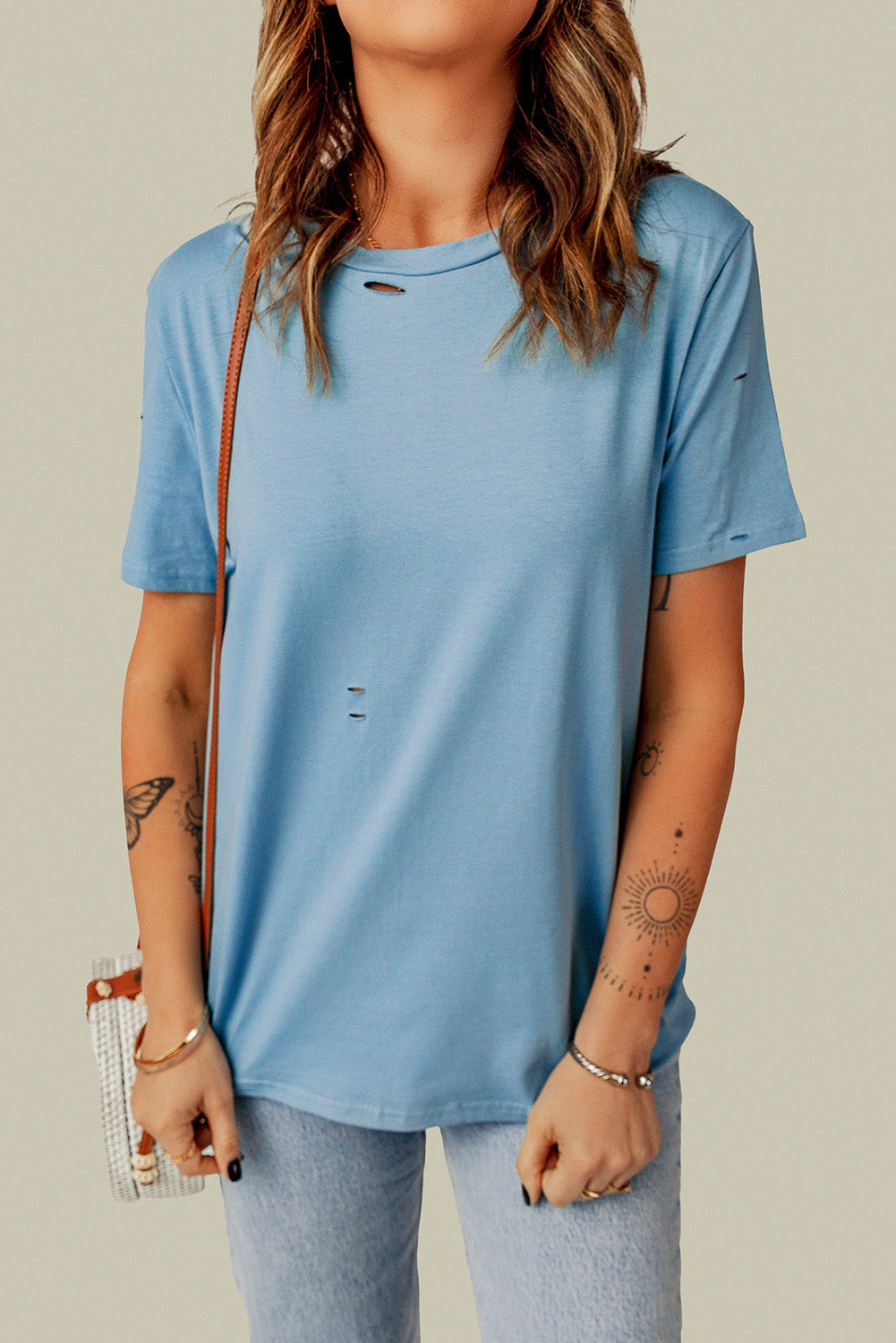 Distressed Round Neck Tee - Blue / S - T-Shirts - Shirts & Tops - 13 - 2024