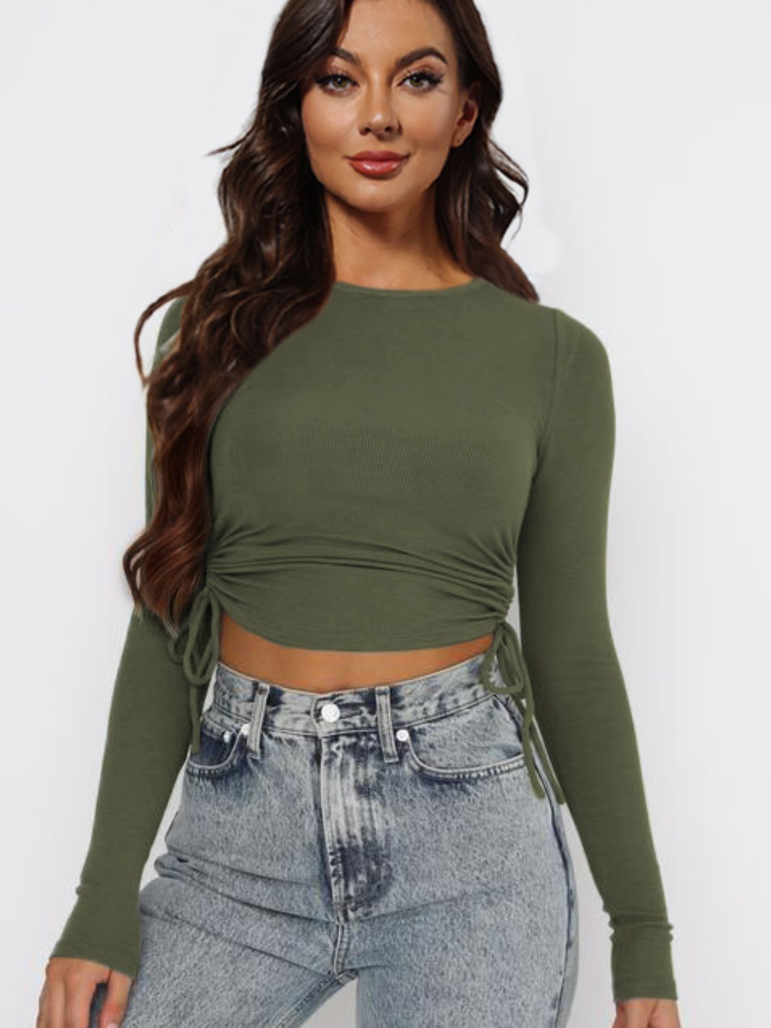 Drawstring Round Neck Long Sleeve Top - Green / S - T-Shirts - Shirts & Tops - 16 - 2024